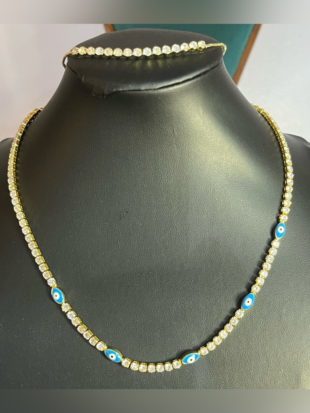Gold Cz Evil Eye Tennis Necklace 14-16” with Adjustable Tennis Bracely 6-9”